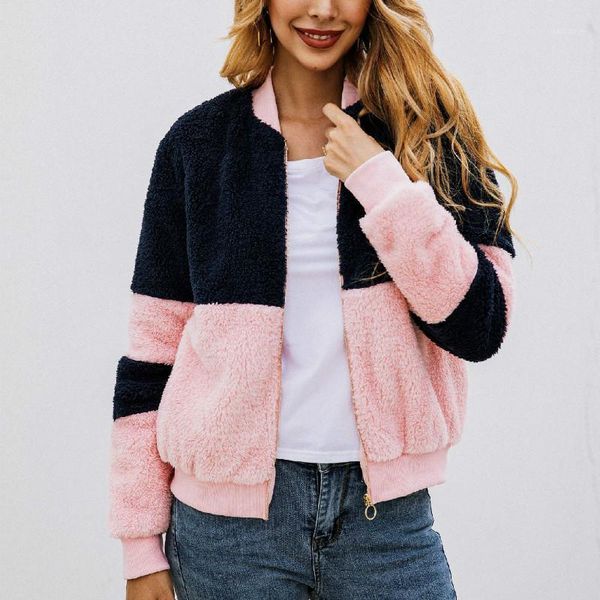 

pink patchwork casual teddy coat women plush winter zipper faux fur jacket coat female fluffy overcoat1, Black