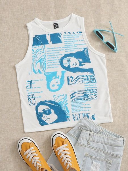 

slogan & figure graphic tank i9j6#, White