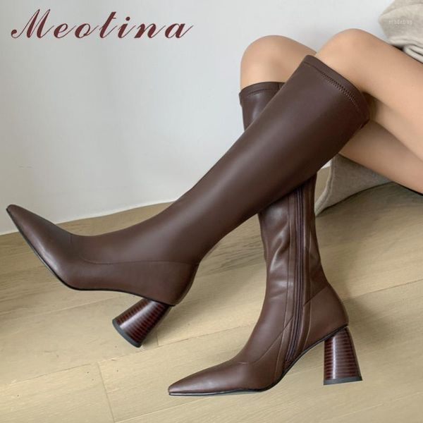 

boots meotina knee high women shoes pointed toe heel slim chunky heels zipper long female autumn winter beige1, Black
