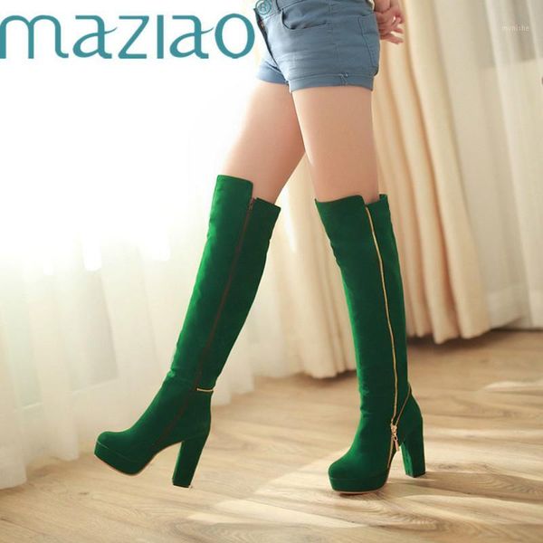 

boots 2021 arrival knee high women round toe flock autumn winter zipper platform fashion heels shoes woman maziao1, Black