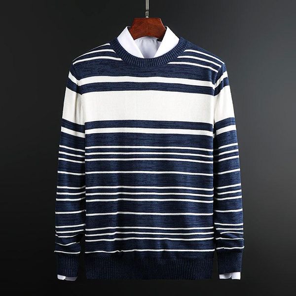 

men's sweaters 2021 autumn and winter slim-fit round neck sweater youth fleece thickened striped pullover, White;black