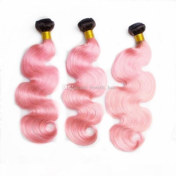 

dark roots baby pink color human hair two tone body wave hair weft 1b pink human hair extensions 3bundles, Black