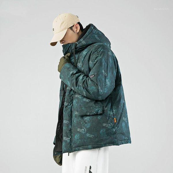 

men's down & parkas 2021 winter trendy brand hooded padded jacket men's full-version printed thick with hood mens clothing1, Black
