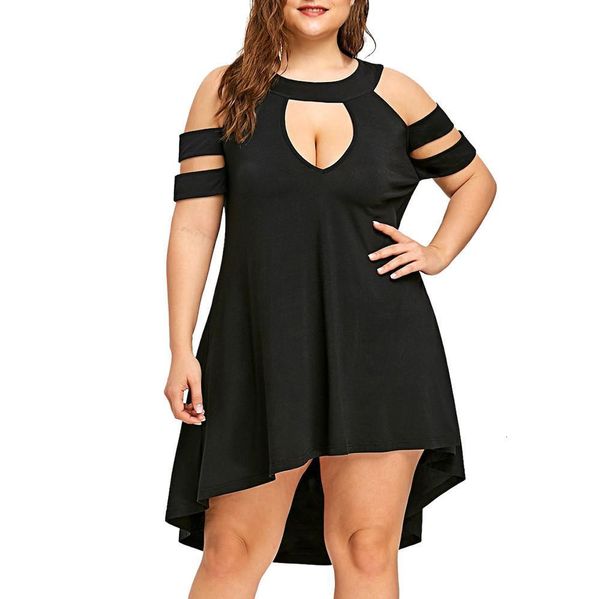 

dress women solid plus size o-neck cold shoulder strapless hollow out dress plus size 5xl women summer dress 2021, Black;gray