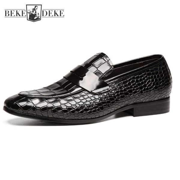 

british style mens dress shoes pointed toe slip-on genuine leather loafers embossed plaid cowhide business formal derby shoes, Black