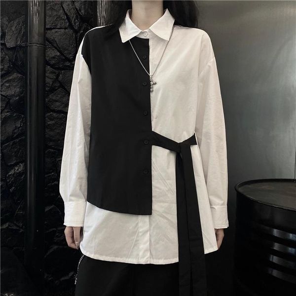 

women's blouses & shirts gentle vintage women black white patchwork belt shirt long sleeve loose blouse retro casual all-match stylish