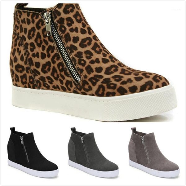 

women platform wedge ankle boots fashion high-winter shoes casual side zipper high heels leopard black booties female 20191