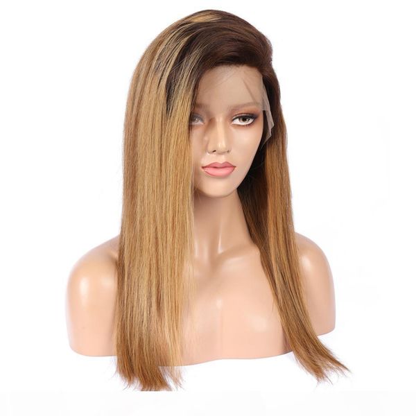 

13*6 lace front human hair wig ombre color wavy 150% densitysilky straight malaysian virgin hair pre plucked bleached knots, Black;brown