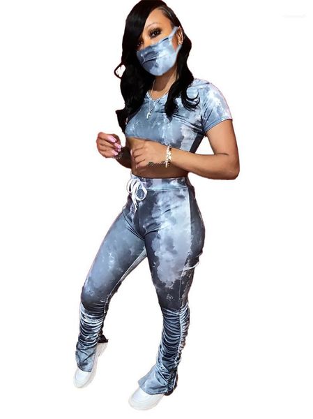 

mask v-neck short sleeve short tshirt slim stacked pants ladies 2pcs clothing suit women tie dye stacked tracksuit with, White