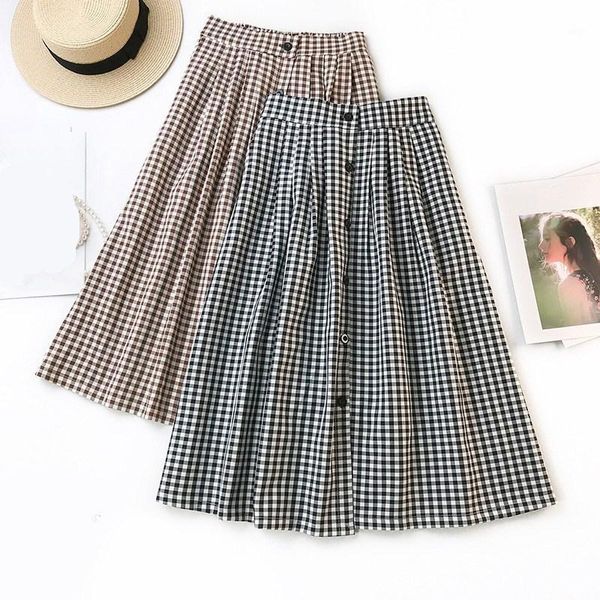 

women vintage midi skirts spring summer plaid loose skirt female button a-line skirts1, Black