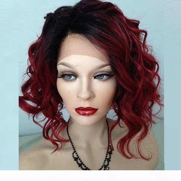 

bob style curly ombre 99j lace front wig short bob glueless lace front human hair wig burgundy full lace wig for black women, Black;brown