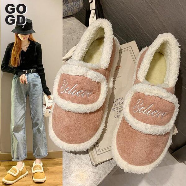 

gogd]women snow boots letter print thick sole cotton slippers 2020 new winter warm plus velvet non-slip home indoor cotton shoe, Black
