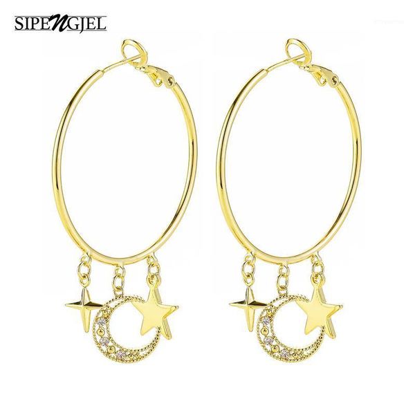 

new fashion cubic zirconia exaggerated big hoop earrings moon and star dangle earrings for women vintage jewelry 20201, Golden;silver