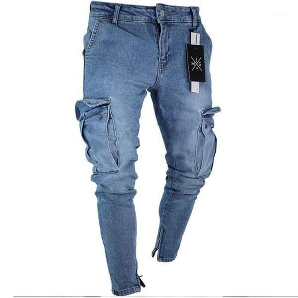 

2021 spring and autumn fashion new high street trend solid color big pocket jeans stretch slim men denim casual motorcycle pants1, Blue