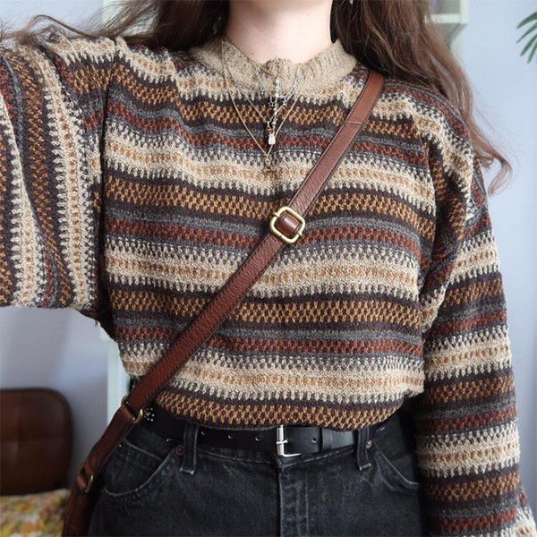 

vintage o-neck long sleeve knitwear pullovers women clothes high street women sweater striped contrasting color sweaters, White;black