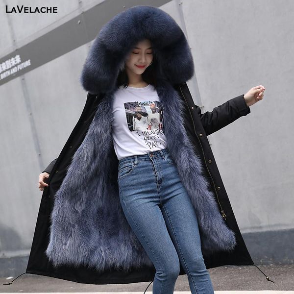 

lavelache 2020 real fur jacket women parka waterproof real fur liner large collar hooded coat plus size 7xl, Black