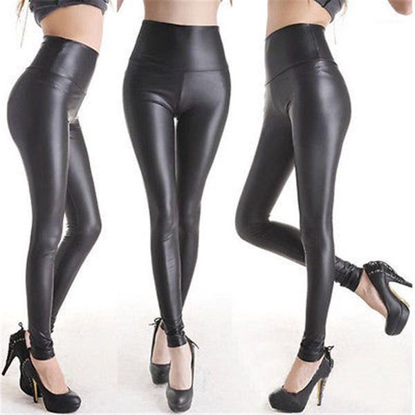 

matt look high waist stretch faux pu leather leggings women slim pants long single layer leather legging1, Black