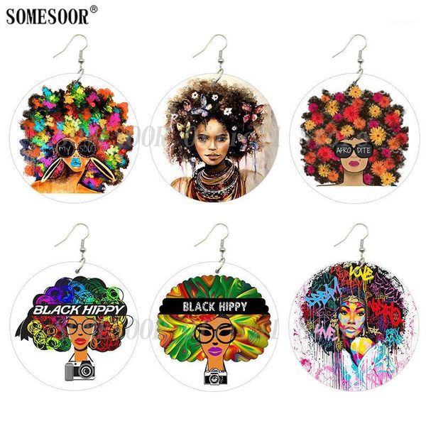 

somesoor my soul afro dite natural hair wooden drop earrings black hippy draw portrait printed wood locs dope for women gifts1, Silver