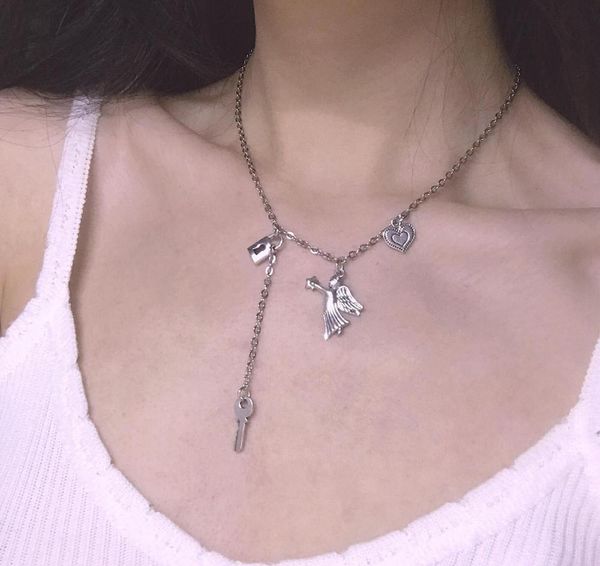 

2021 new harajuku lolita opens his closing of the vintage metal choker angel clavicular chain collar beautiful women and men npkk, Silver