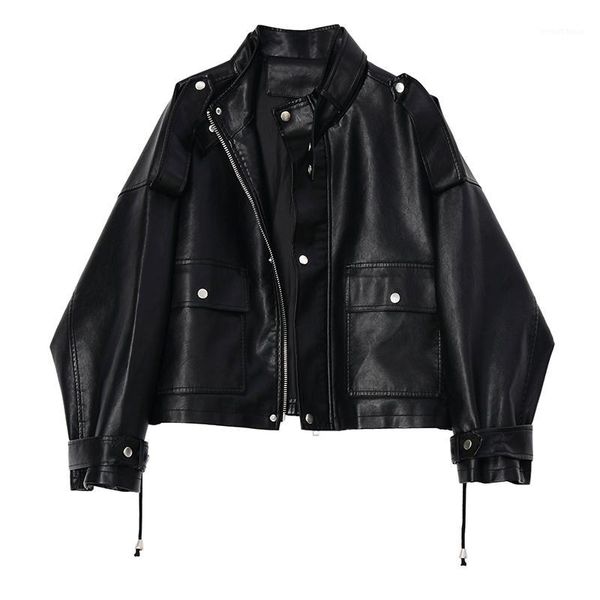 

lautaro short oversized leather jacket women long sleeve plus size loose black zip up jacket womens clothing 2020 women fashion1