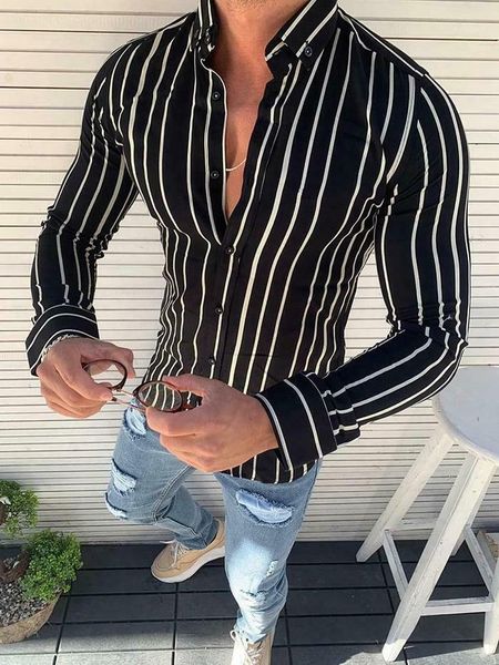 

men striped shirts smart casual long sleeve turn-down collar dress shirts bussiness work slim fit single breasted men's1, White;black