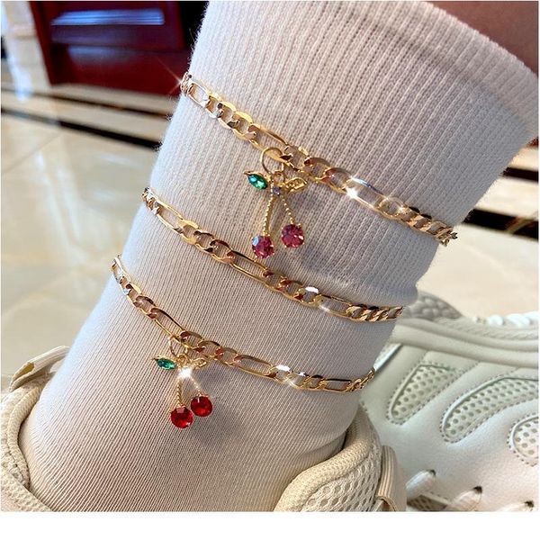 

flatfoosie 2pcs / комплект мода хрустальный вишневый браслет для женщин золотой цвет сладкий фруктовый ног браслет мода ноги аксессуары sqct, Red;blue