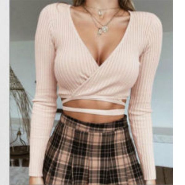 

women fashion long sleeve crop deep v-neck knitted blouse, White