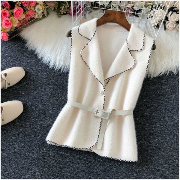 

2021 new spring female loose short single breasted wool belt waistcoats jacket y224 0g57, Black;white