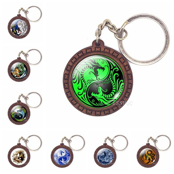 

retro wooden key chain yin yang dragon keychain glass dome pendant yin yang jewelry, Silver