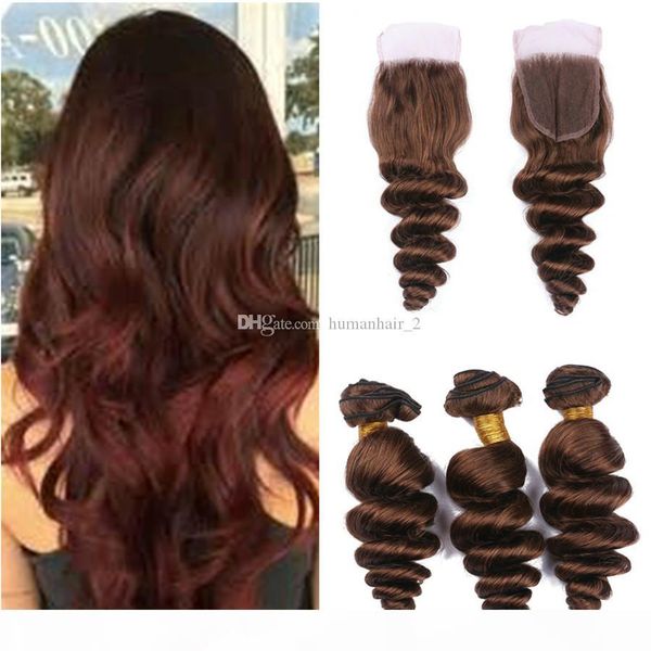 

#4 brown lace closure with bundles loose wave brown hair with lace closure 4*4 bleached knots peruvain virgin human hair weaves, Black;brown