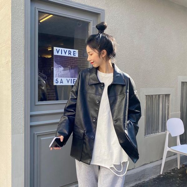 

new collection office ladies black pu leather jackets women"s baggy vintage coats a428