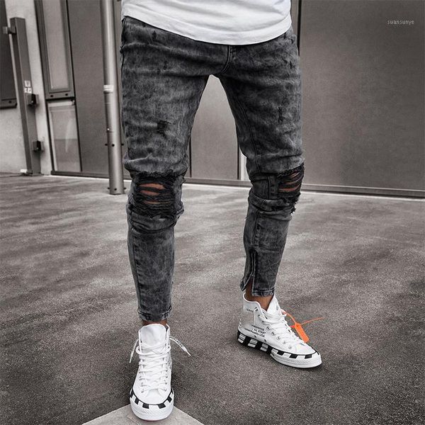

plus size hole cargo pants streetwear men casual skinny long pencil pants zipper ripped denim male slim feet trousers1, Blue