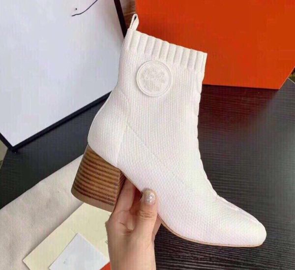 

2020 autumn winter new trendy women shoes short boot thick heel chunky heels high heel martin boots knit knitting elastic socks boots, Black