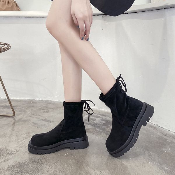 

женщины середины икры сапоги 2020 осень готические ботинки платформы круглый toe черная кожа сапоги зима теплая плюша для женщин обувь, Black