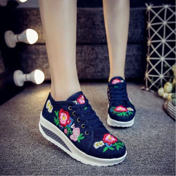 

2020 floral embroidery women's fashion canvas flat platforms lace up ladies casual comfort sneakers shoes woman creepers, Black
