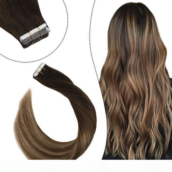 

straight tape in human hair extensions ombre highlight color pu brazilian remy hair extensions 14-14 inch, Black