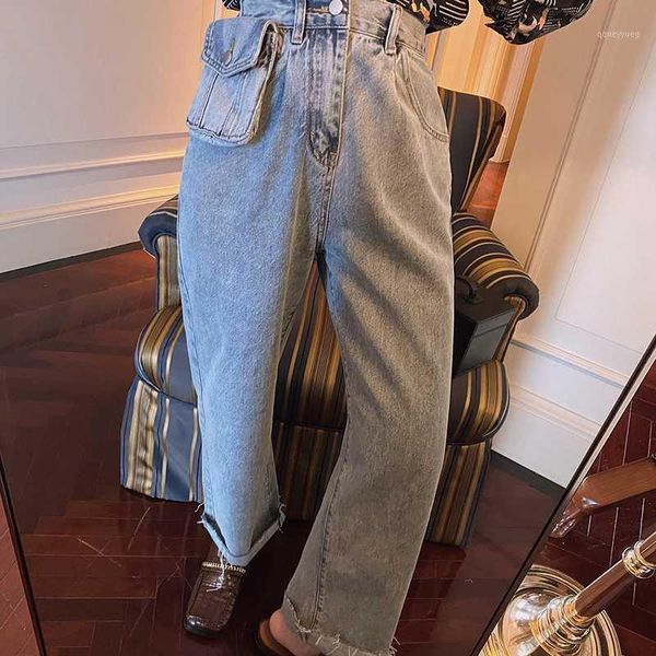 

women's jeans imucci waist bag high women loose 2021 ins tide retro wide leg pants vertical sense straight tm21831, Blue