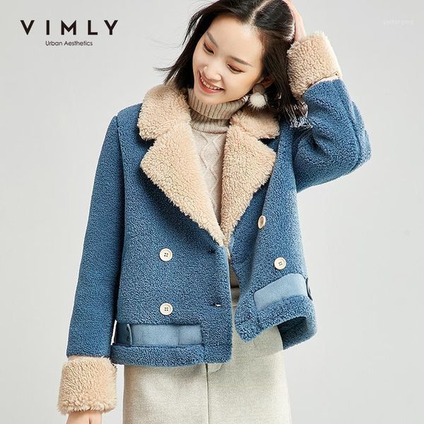 

vimly women faux fur coat winter double breasted lapel pockets thick warm lambs wool jacket female overcoat 301711, Black