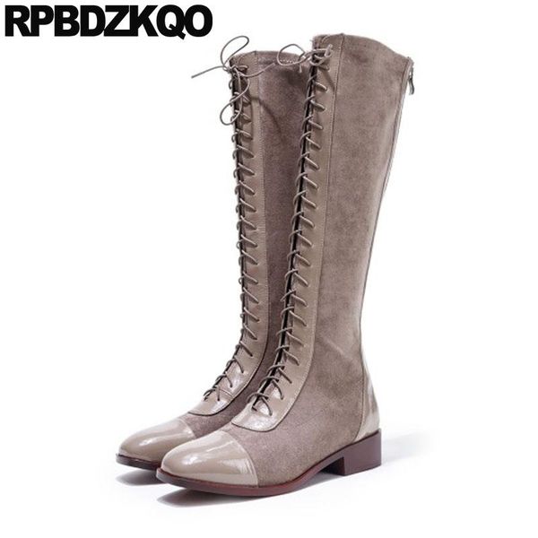 

chunky long brand women winter boots genuine leather suede lace up elegant patent shoes square toe tall knee high british 2020, Black