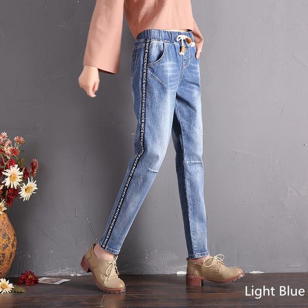 

women's jeans fashion women autumn harem pants slide stripe high waisted casual blue female adjustable elastic waist trousers