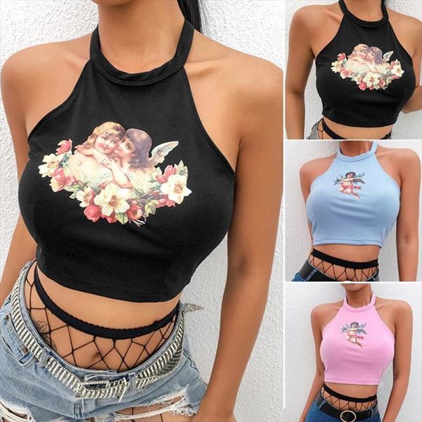 

sleeveless fashion cherub print slim ladies vest women crop halterneck backless casual summer camisole short sport tank, White