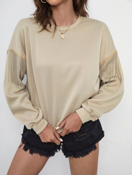 

solid fringe detail drop shoulder sweatshirt v856#, White;black