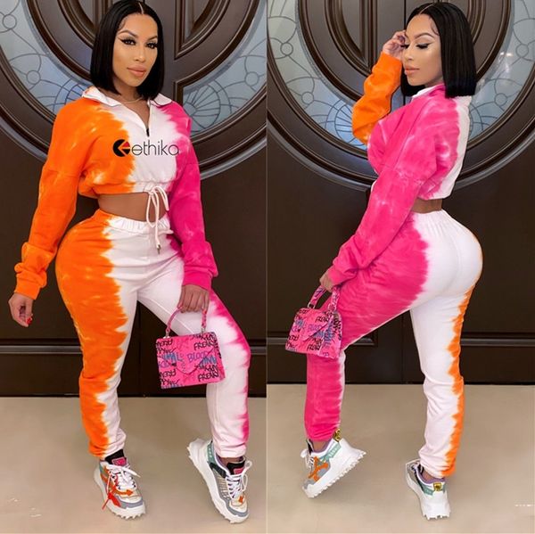 

марка женщины tracksuit цвет tie dye outfit двухкусочный одежда наборы конструктор письма hoodie zipper crop топы legging брюки костюм s-xl, Gray