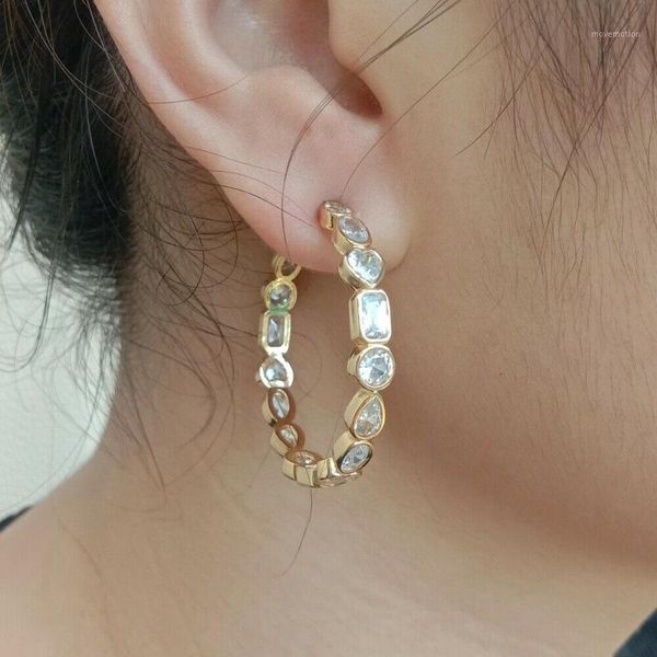 

gold plated geometric cubic zirconia micro pave hoop earrings bijoux 32mm1, Silver