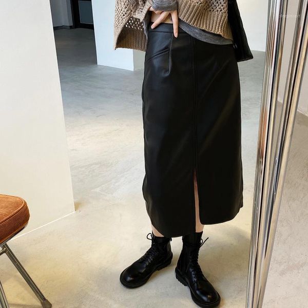 

high waisted skirt retro split hip skirt women's autumn winter 2020 new one-step small leather1, Black