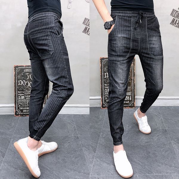 

2021 new jeans male casual harem pant stripe slim fit joggers streetwear pantalones pants men brand p1kj, Blue