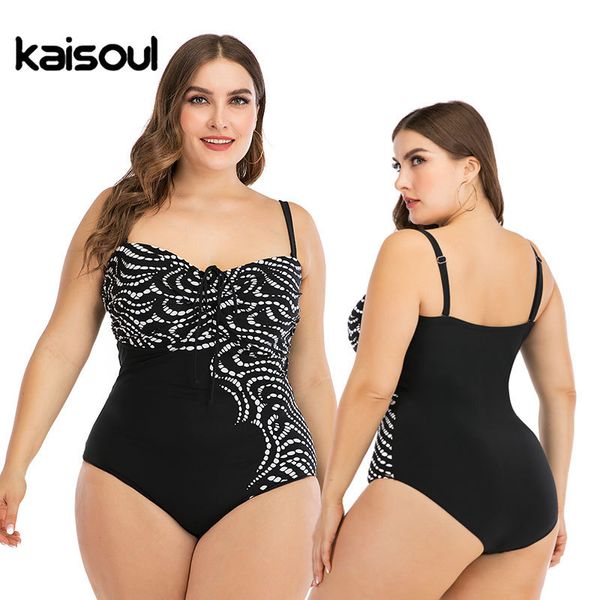 2020 New Black Patchwork Imprimir Tamanho Grande 6XL Uma peça Swimsuit Mulheres Plus Big XXXL Swimwear Conservador Praia Banheira T200708