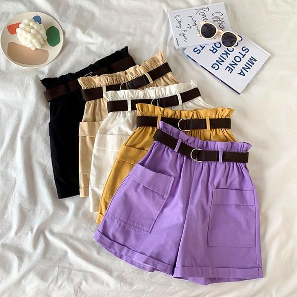 

2021 summer new korean style curled high waist loose wide leg shorts drape all-match casual shorts women with belt, White;black