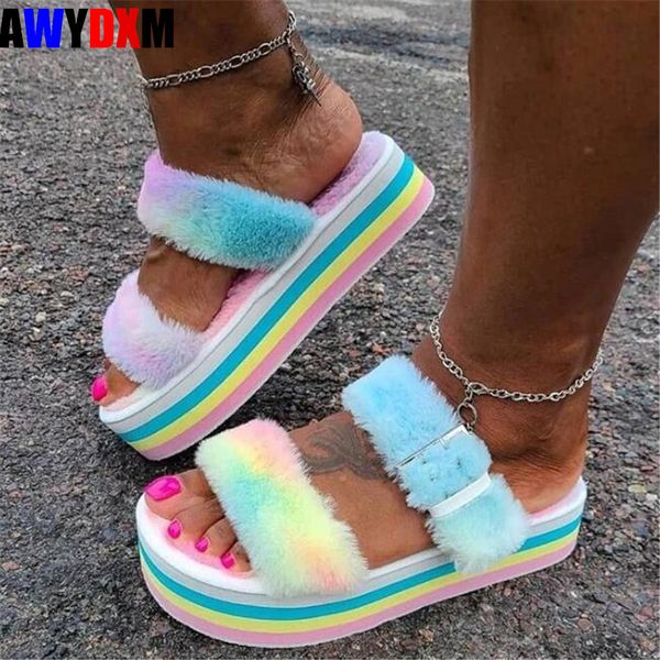 

winter slippers women 2020 fluffy plush warm slipper platform flats casual woman flip flops fashion comfort home shoes female x1020, Black