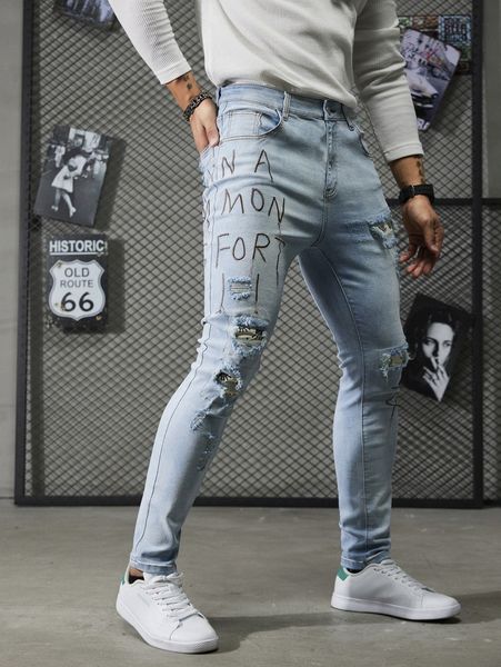 

men letter embroidery ripped skinny jeans x0vg#, Blue